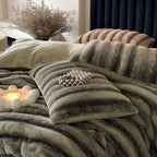 Luxury faux fur throw and cushion set with striped texture