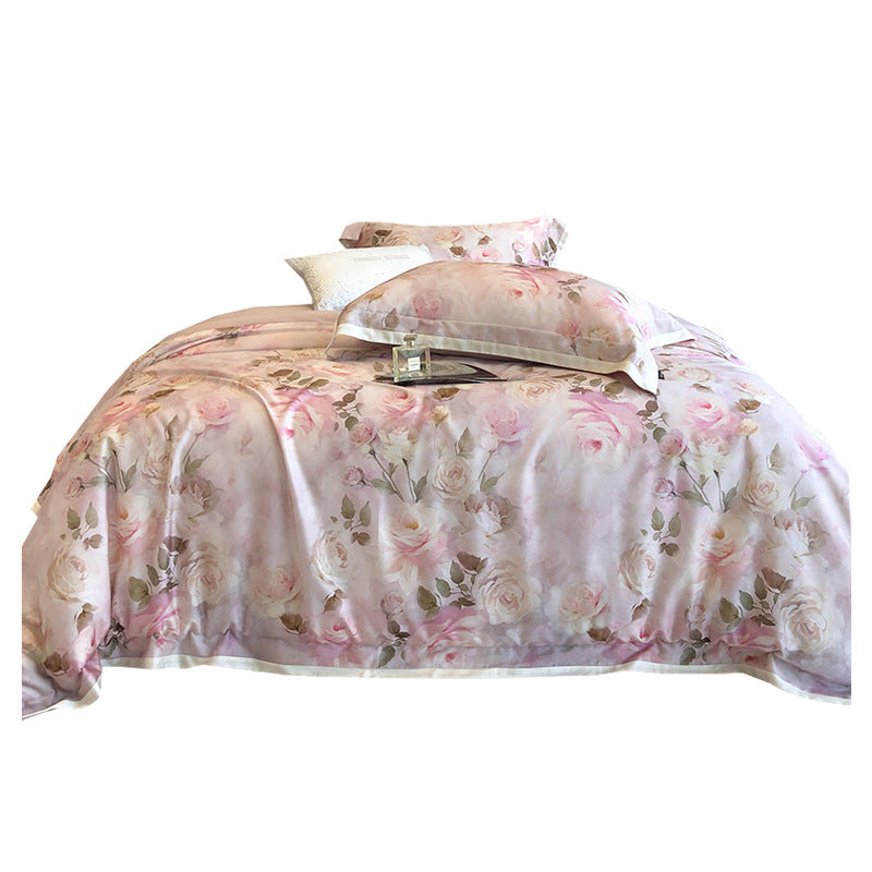 Luxurious cotton satin bedding set with watercolor rose pattern and satin trim