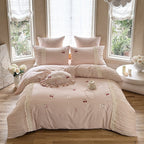 Luxurious satin bedding set with gathered ruffle, cherry embroidery and decorative pillow