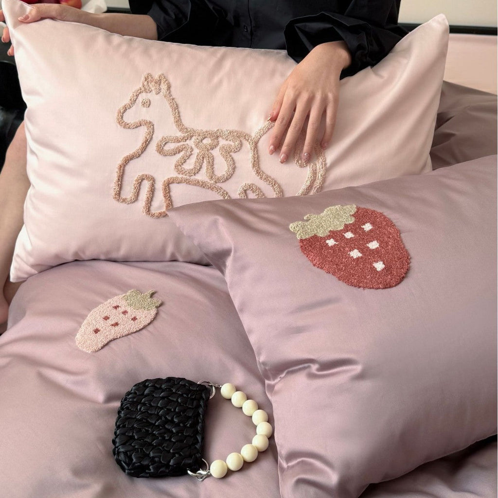 Luxurious cotton satin bedding set with embroidered strawberry appliqués