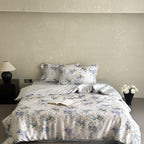 Luxurious satin bedding set with floral watercolor print and silky shiny finish