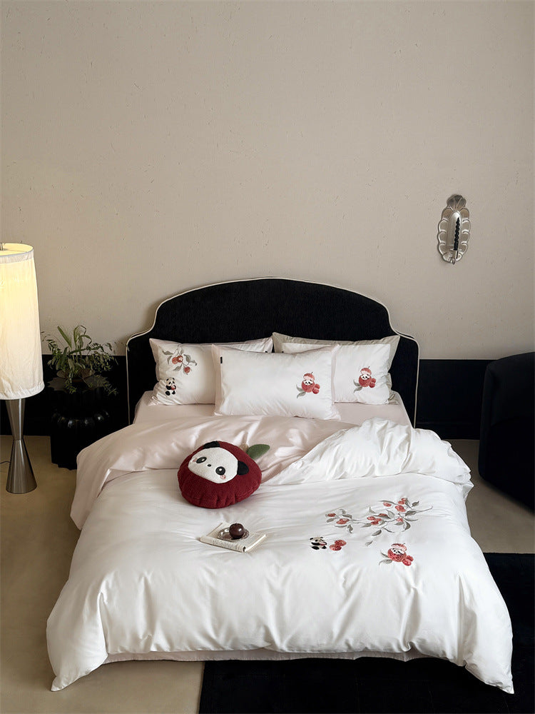 Embroidered cotton satin bed linen set with floral apple and panda appliqué Bowlift