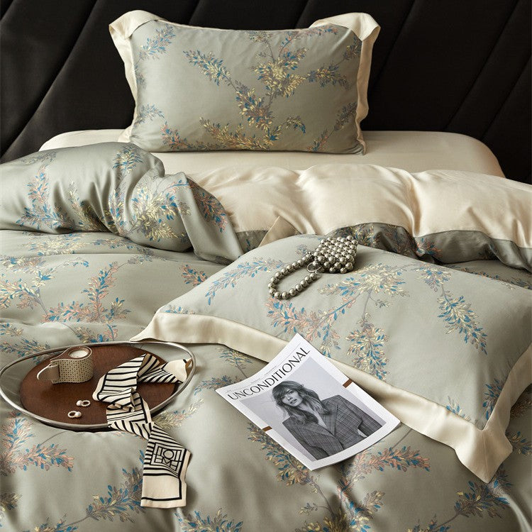 Luxurious satin bedding set with geometric jacquard pattern and satin trim Bowlift