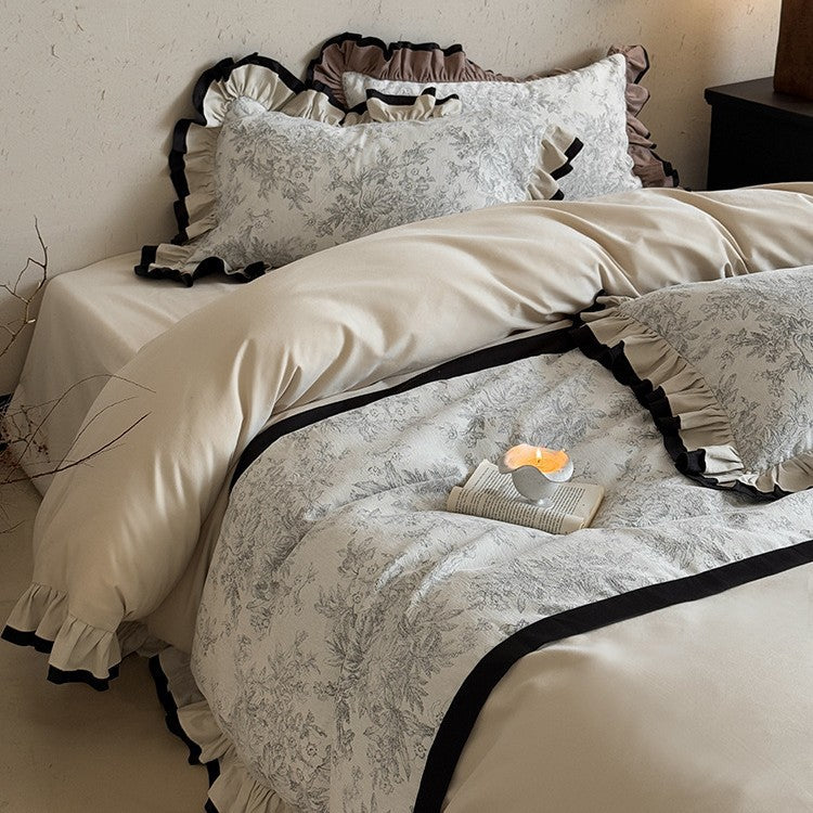 Premium bedding set with ruffles and vintage toile pattern