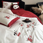 Embroidered cotton satin bed linen set with floral apple and panda appliqué Bowlift