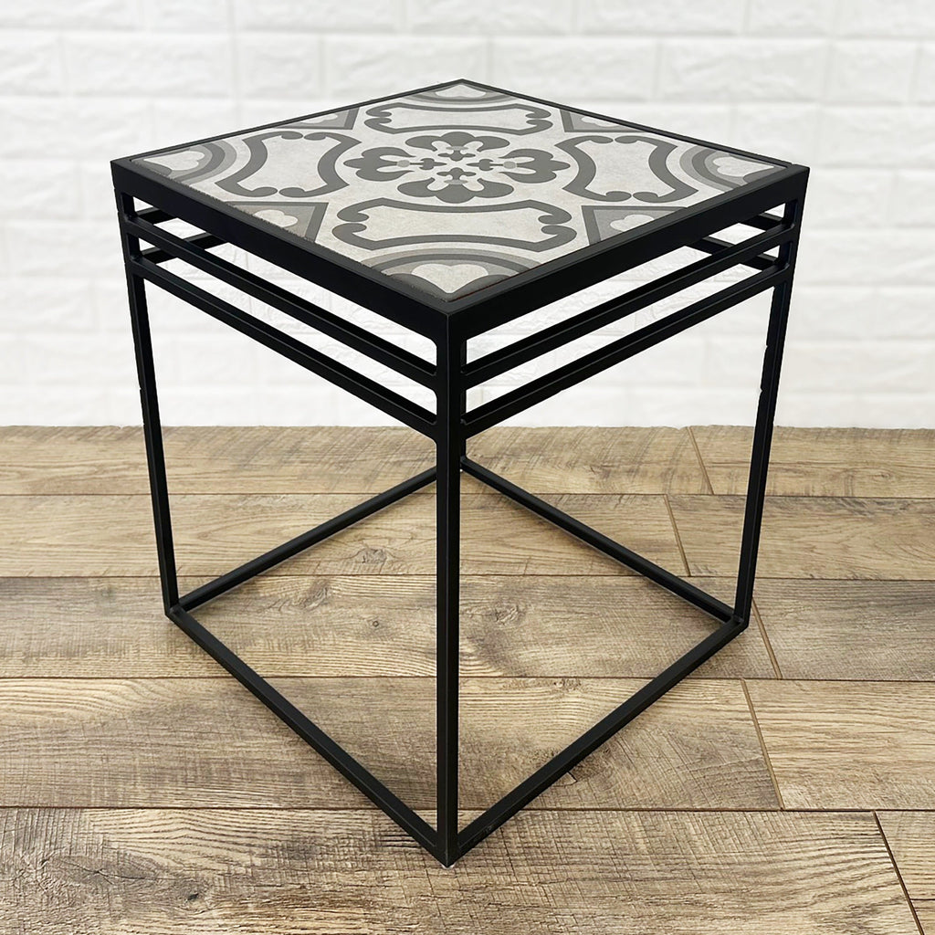 Lang Patio Table - Modern Architectural Tile Top, Steel Frame (16" x 16" x 19" Tall)
