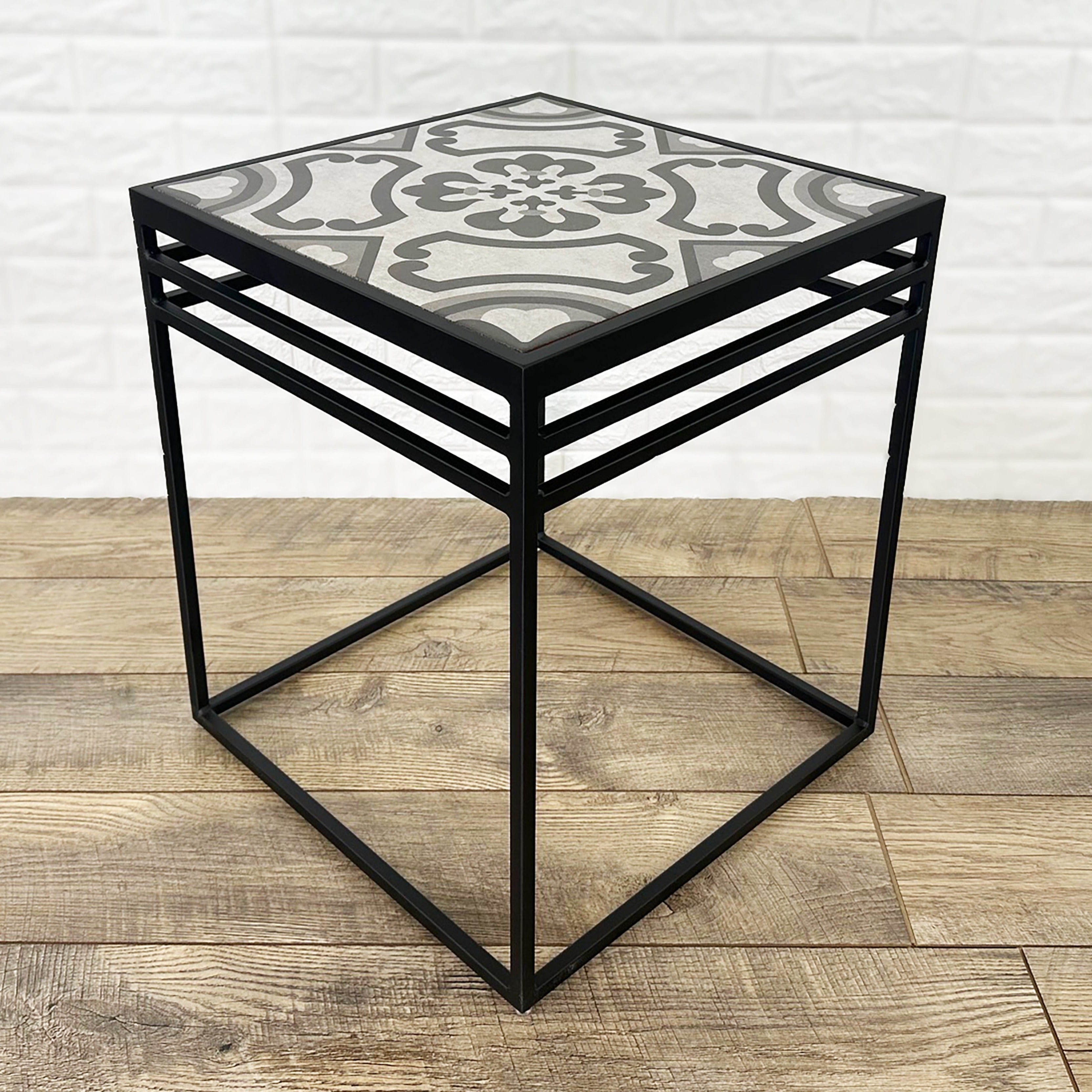 Lang Patio Table - Modern Architectural Tile Top, Steel Frame (16" x 16" x 19" Tall)