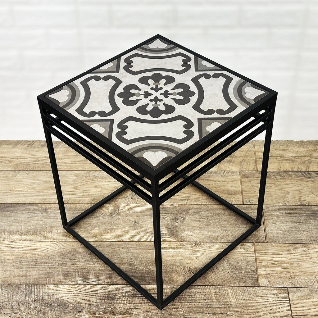 Lang Patio Table - Modern Architectural Tile Top, Steel Frame (16" x 16" x 19" Tall)
