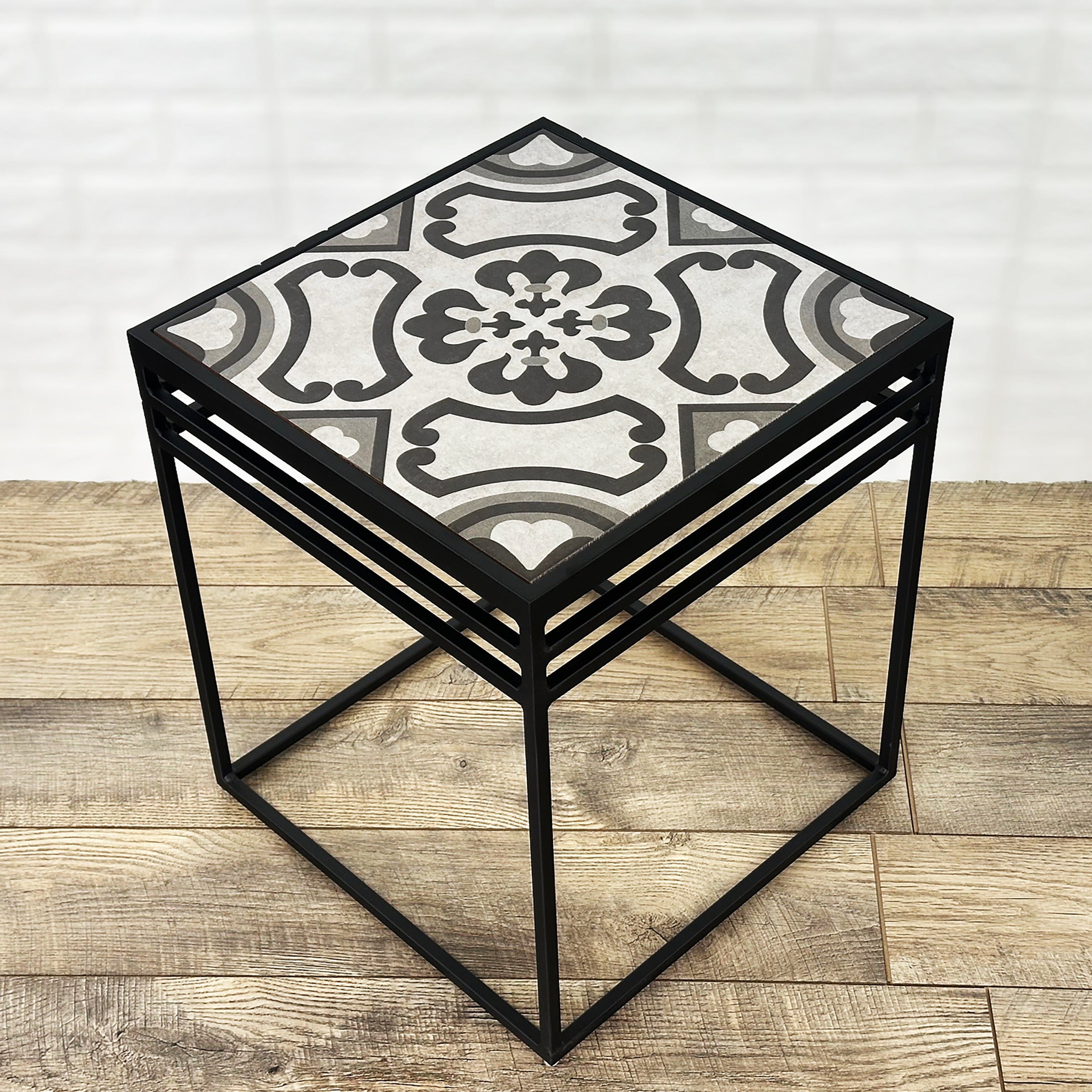 Lang Patio Table - Modern Architectural Tile Top, Steel Frame (16" x 16" x 19" Tall)