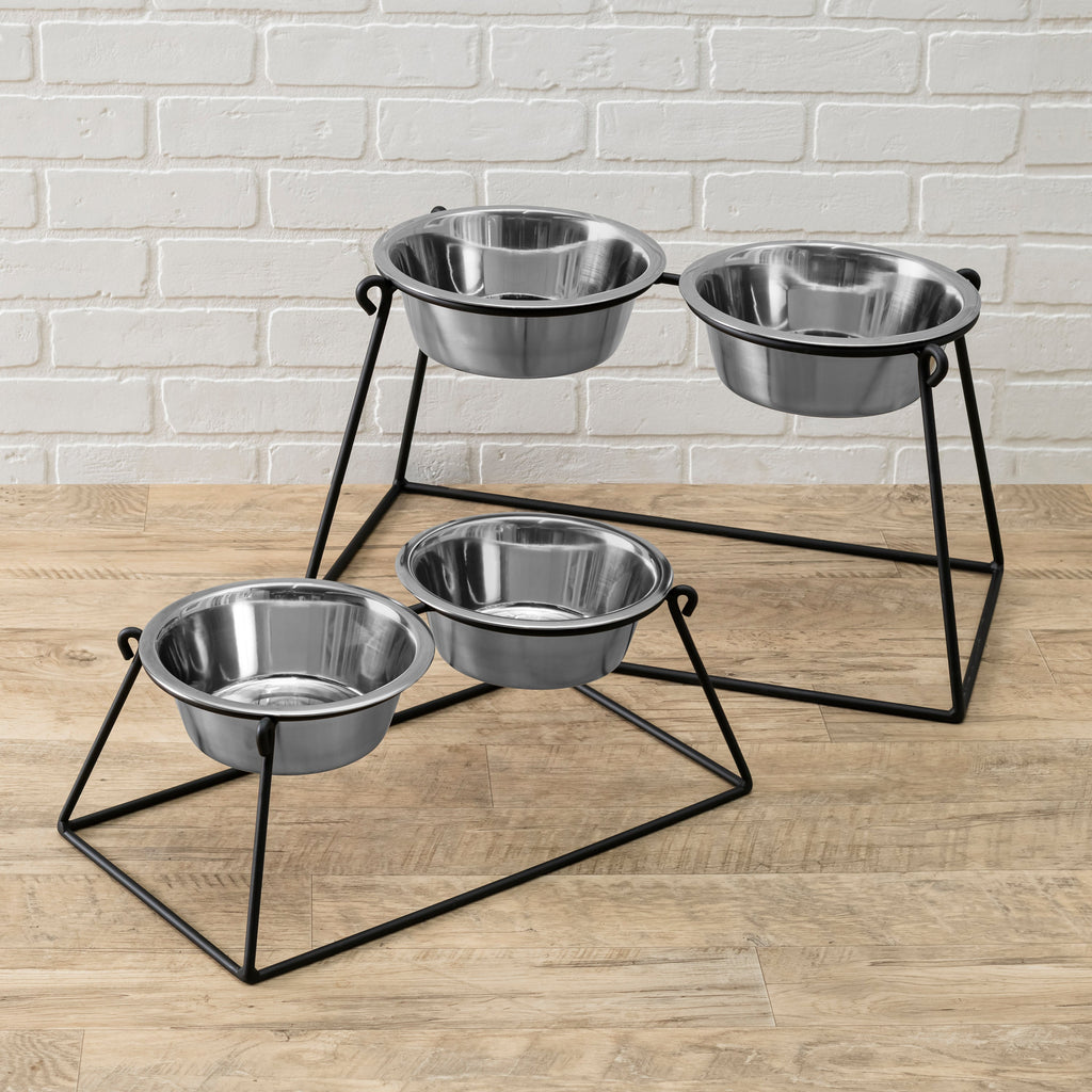 Pyramid Double Diner - Minimalist Wrought Iron Stand, Elevated Dog Bowl Feeder ( 5" / 7" /  12" / 18" / 24")