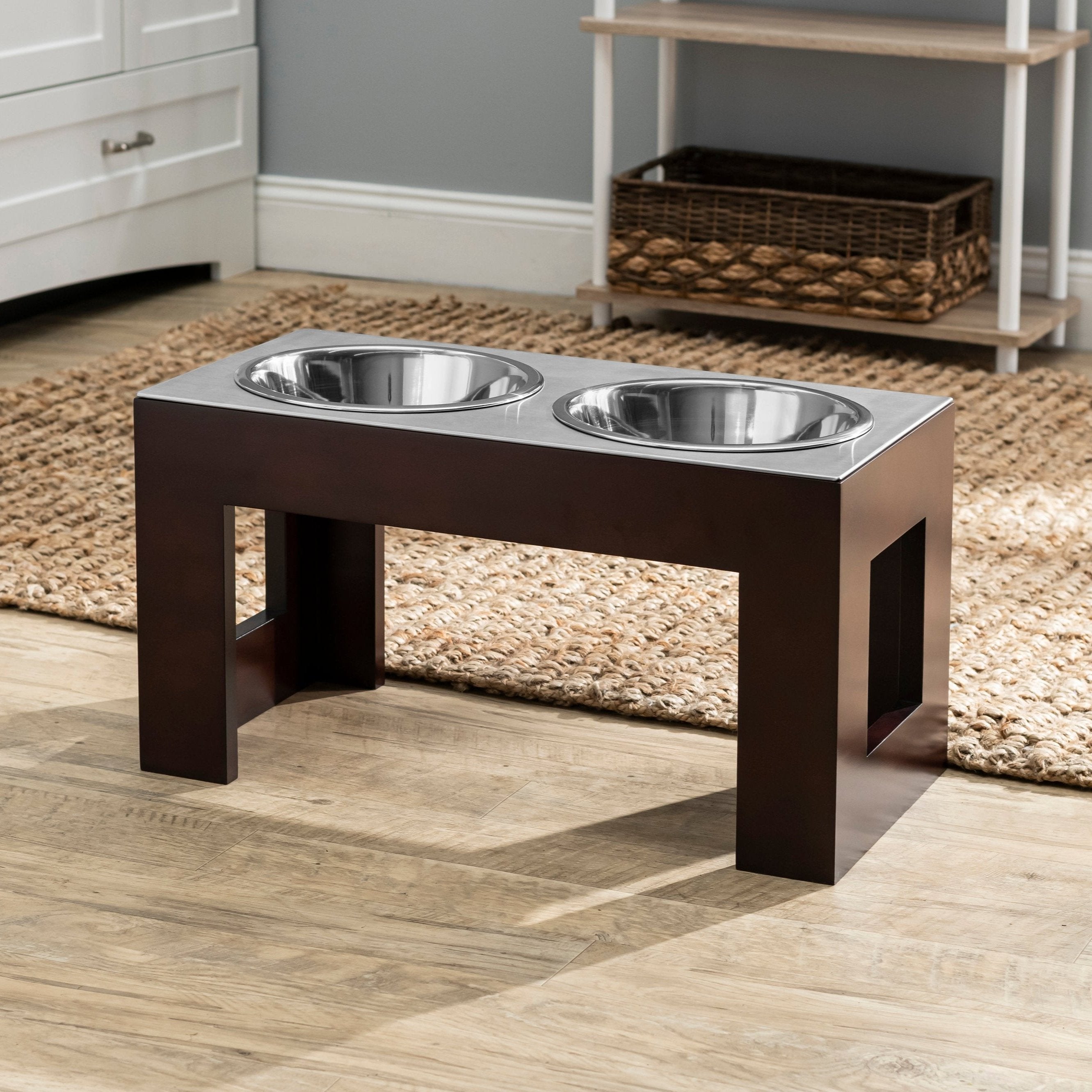 Indus Double Diner - Modern Architectural Hardwood Elevated Dog Bowl Stand (XS Pet 4.5" / 12" Tall)
