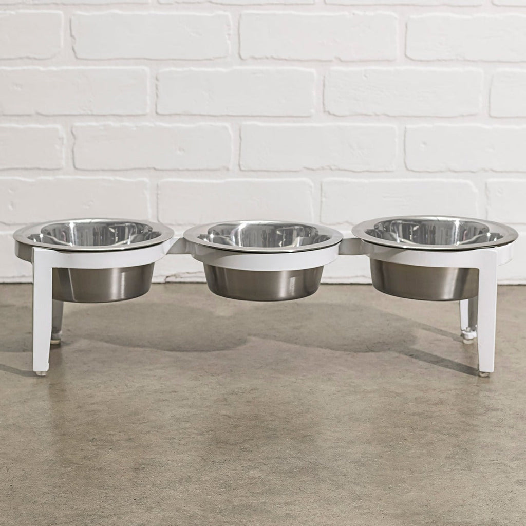 Vision Triple Bowl Diner - Modern Minimalist Iron Elevated 3 Dog Bowl Stand, Outdoor / Indoor (5.5" / 8" Tall)