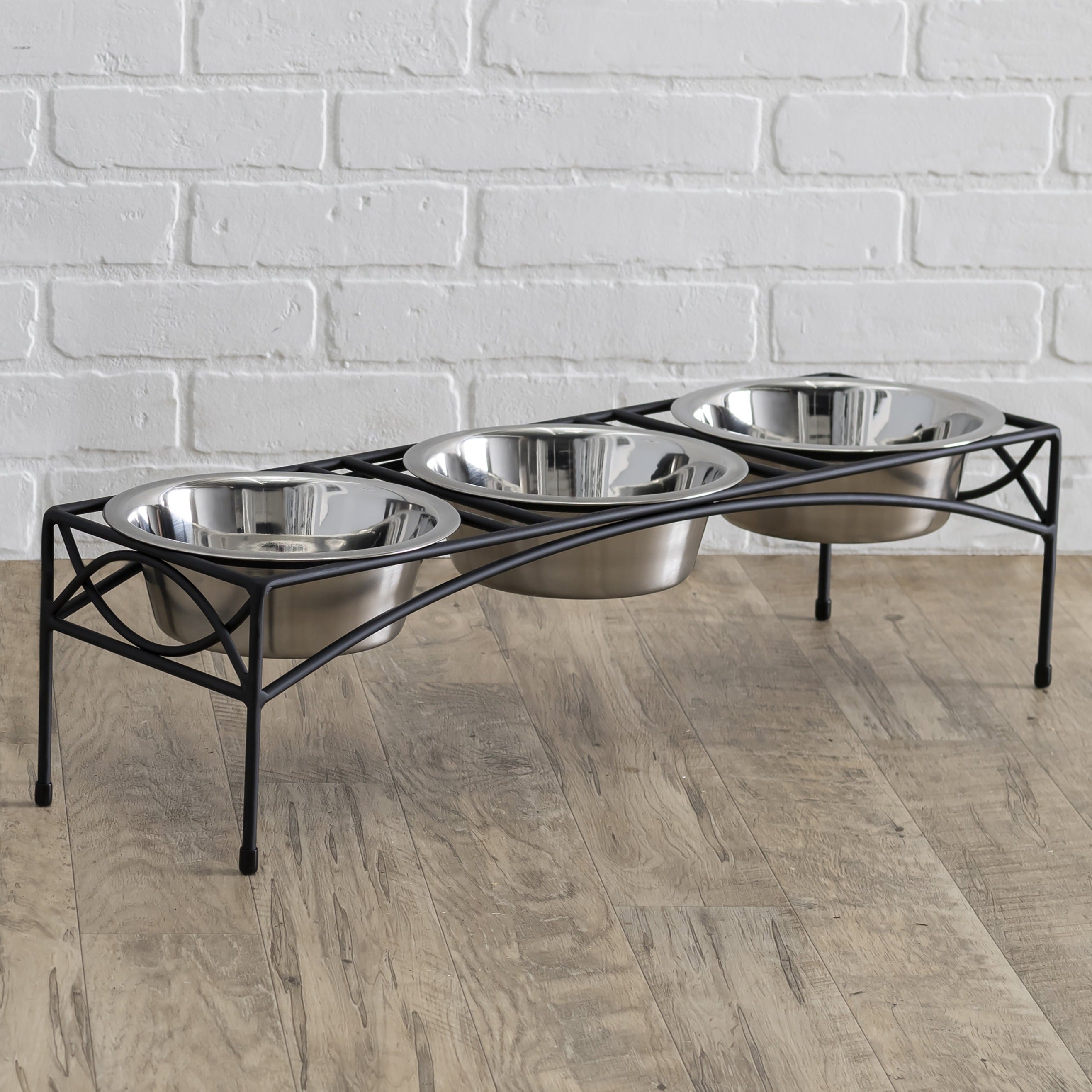 Regal Triple Bowl Diner - Minimalist Wrought Iron Metal Elevated 3 Dog Bowl Stand (7" Medium - Large Dog)