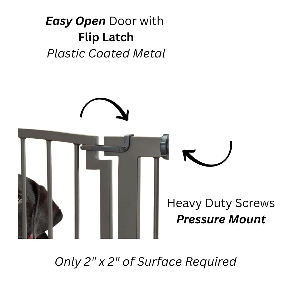 Royal Weave Steel Dog Gate w/ Door (28.5" - 61.5" Extra Wide) Heavy Duty Black Wrought Iron, Indoor Easy Pressure Mounted (No Drill)