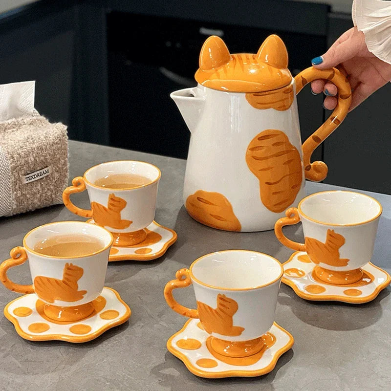 Orange Cat Handcrafted Ceramic Coffee & Tea Set