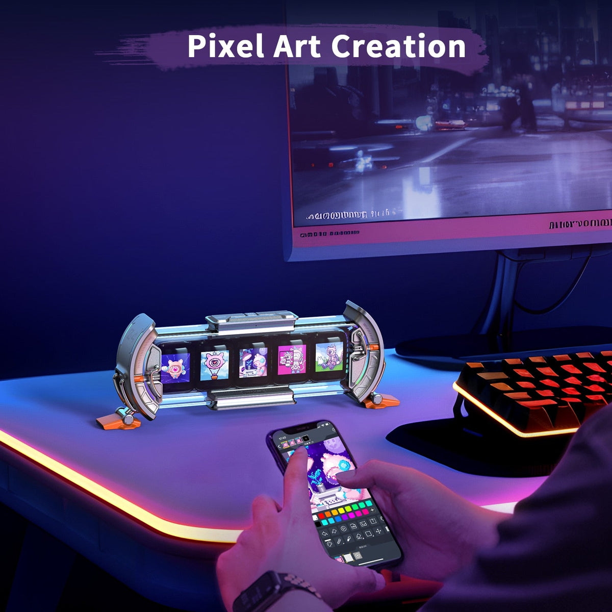 Home Pixel Art-Infused Digital Desktop Watch