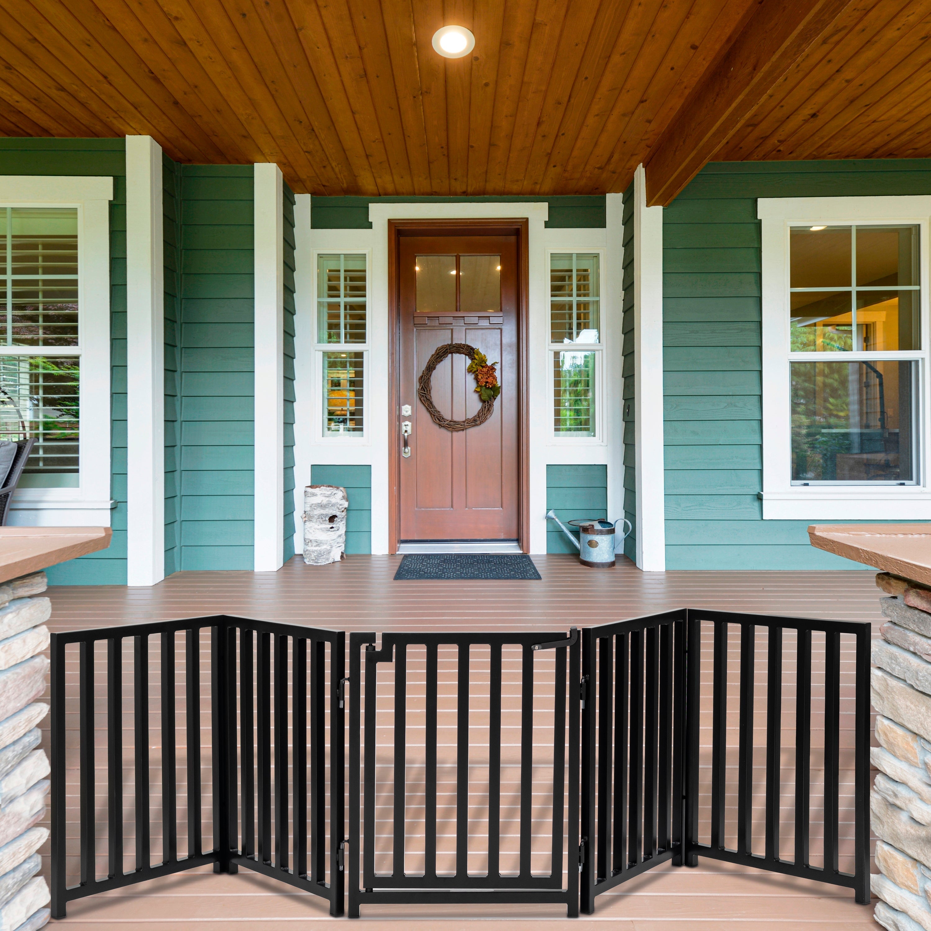 Libro Extra Wide Steel Freestanding (24" H) Dog Gate w/ Door (70" - 117" W) Weather Resistant Outdoor / Indoor Dog Fence - Small Dog
