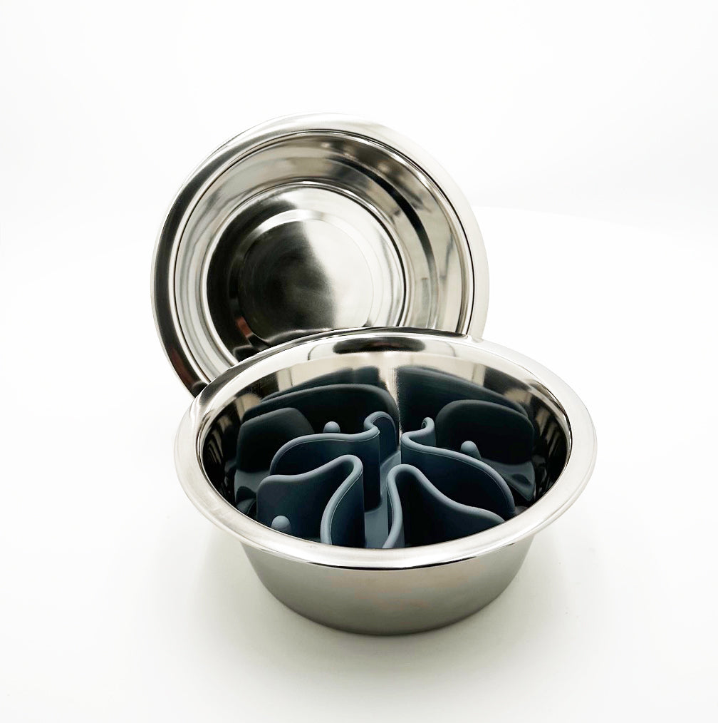Extra Bowl Set w/ Slow Feed Insert Pad – Food-Safe 201 Stainless Steel w/ Silicone Insert, set of 2
