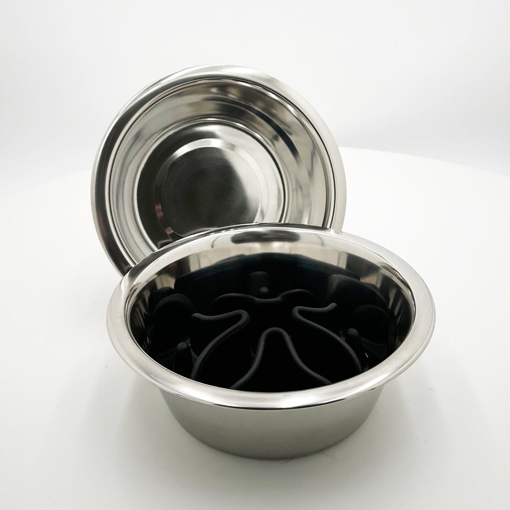 Extra Bowl Set w/ Slow Feed Insert Pad – Food-Safe 201 Stainless Steel w/ Silicone Insert, set of 2