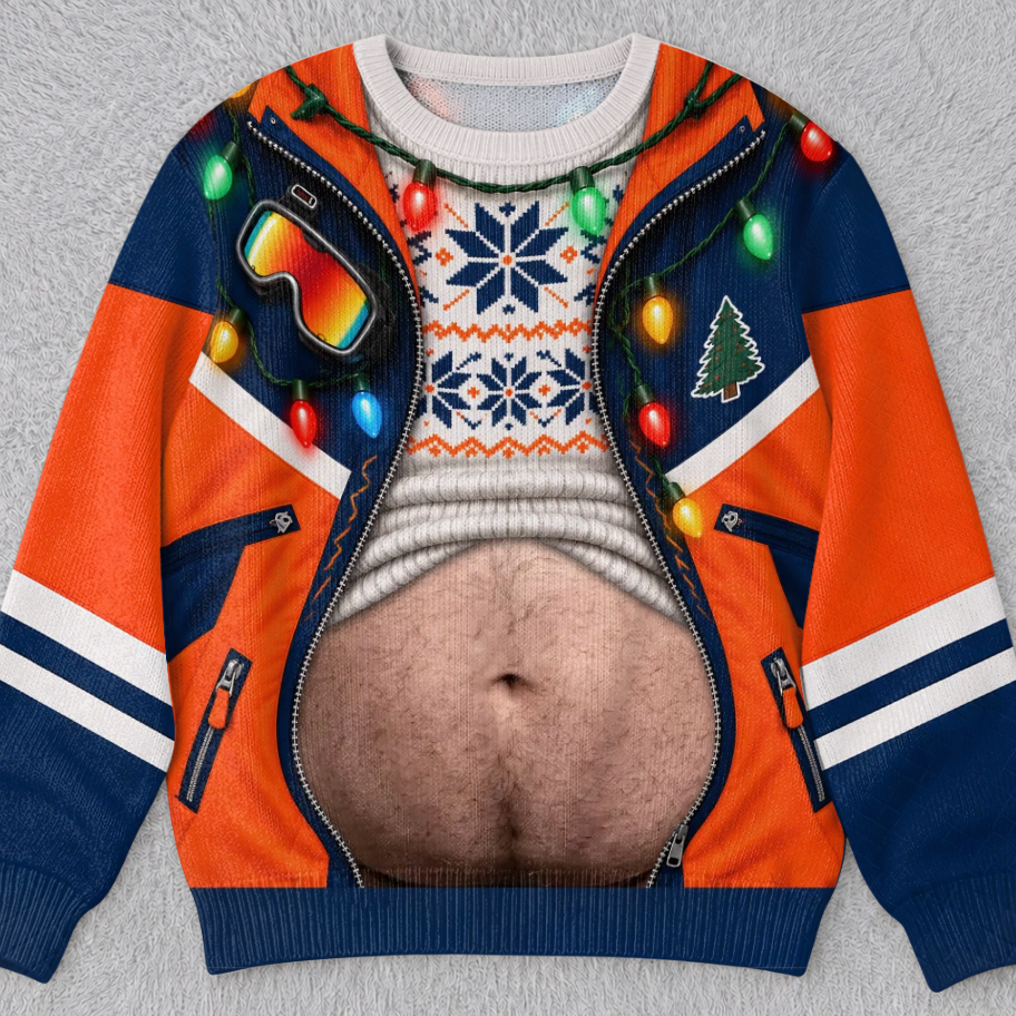Hilarious Ski Jacket Hairy Belly Optical Illusion Ugly Christmas Sweater, Funny Winter Ski Suit Novelty Crewneck Sweatshirt For Ugly Sweater Party