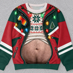 Hilarious Ski Jacket Hairy Belly Optical Illusion Ugly Christmas Sweater, Funny Winter Ski Suit Novelty Crewneck Sweatshirt For Ugly Sweater Party
