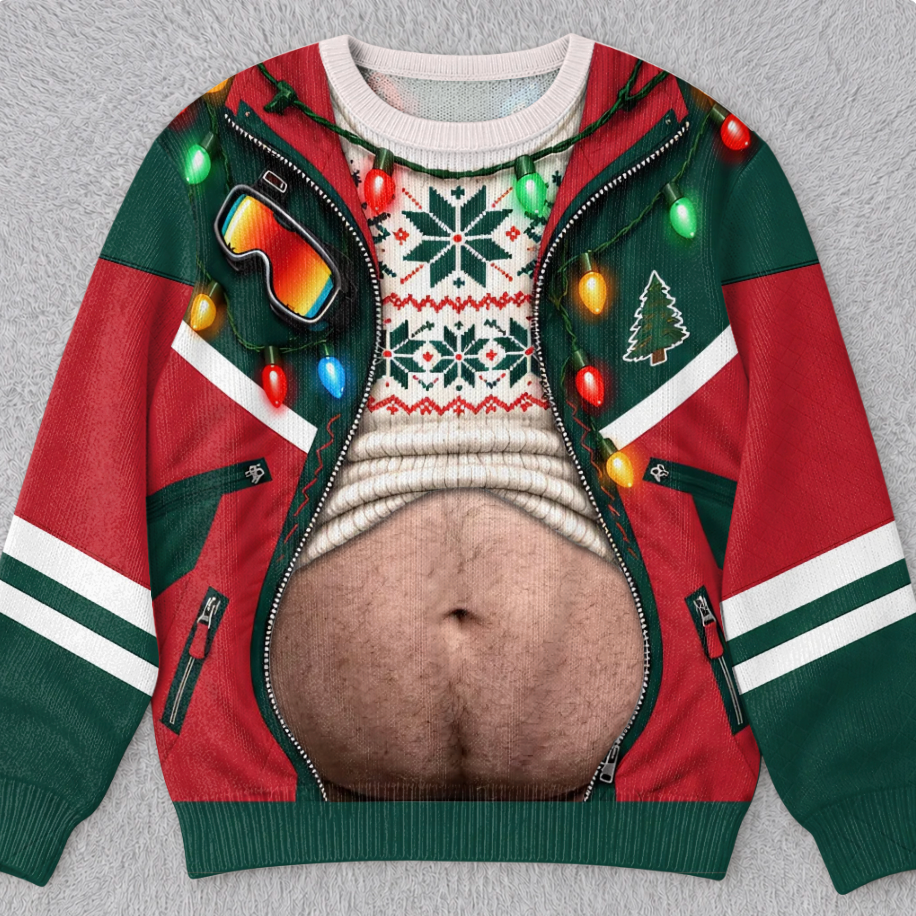 Hilarious Ski Jacket Hairy Belly Optical Illusion Ugly Christmas Sweater, Funny Winter Ski Suit Novelty Crewneck Sweatshirt For Ugly Sweater Party