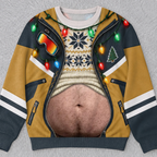 Hilarious Ski Jacket Hairy Belly Optical Illusion Ugly Christmas Sweater, Funny Winter Ski Suit Novelty Crewneck Sweatshirt For Ugly Sweater Party