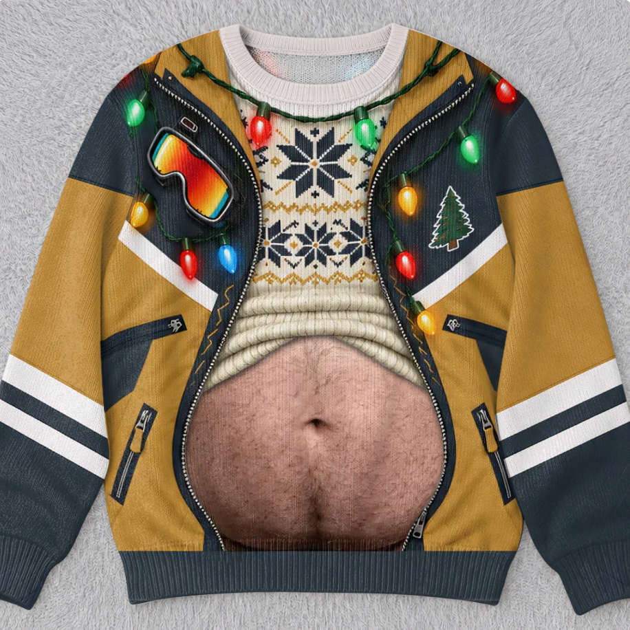 Hilarious Ski Jacket Hairy Belly Optical Illusion Ugly Christmas Sweater, Funny Winter Ski Suit Novelty Crewneck Sweatshirt For Ugly Sweater Party