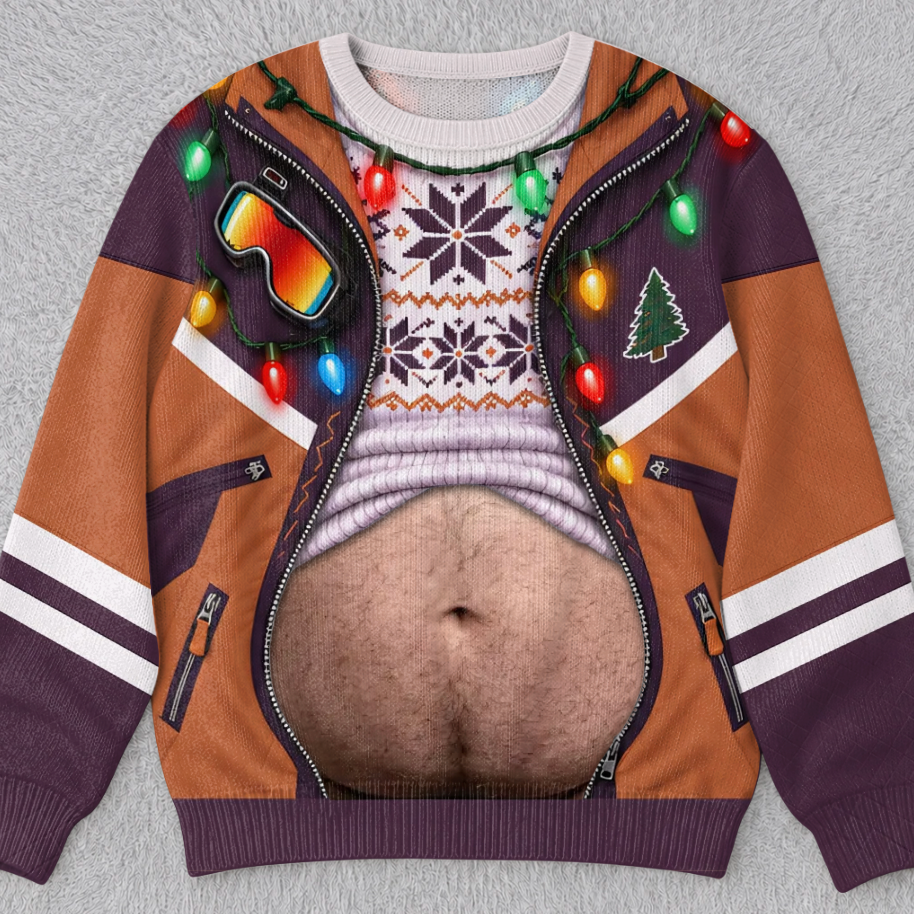 Hilarious Ski Jacket Hairy Belly Optical Illusion Ugly Christmas Sweater, Funny Winter Ski Suit Novelty Crewneck Sweatshirt For Ugly Sweater Party