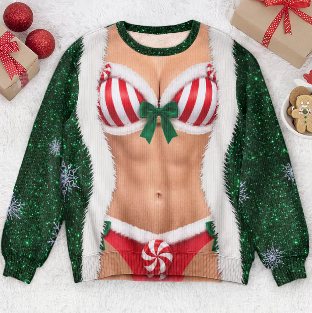 Funny Santa Outfit Illusion Christmas Ugly Sweater, Novelty Gag Holiday Gift for Women