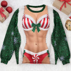 Funny Santa Outfit Illusion Christmas Ugly Sweater, Novelty Gag Holiday Gift for Women