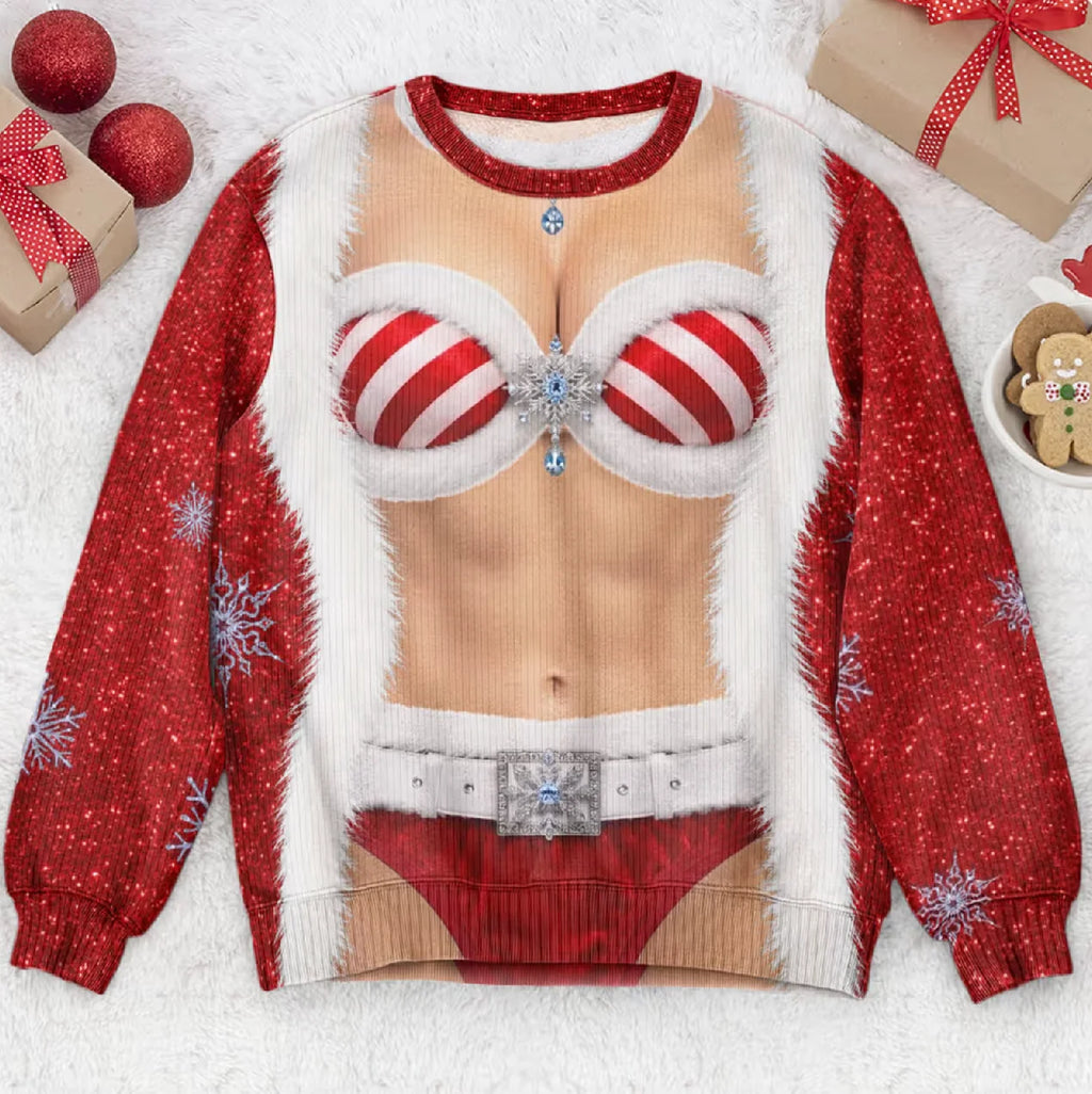 Funny Santa Outfit Illusion Christmas Ugly Sweater, Novelty Gag Holiday Gift for Women