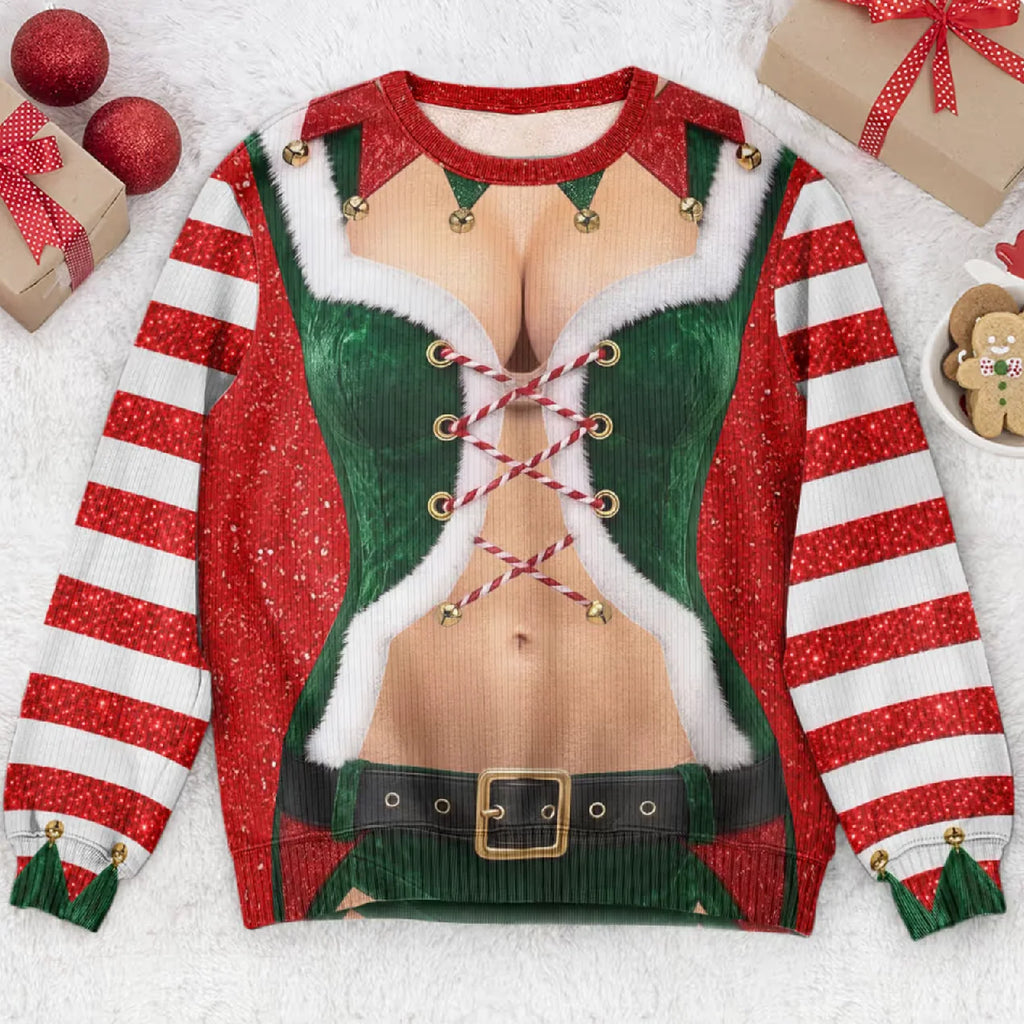 Funny Santa Outfit Illusion Christmas Ugly Sweater, Novelty Gag Holiday Gift for Women