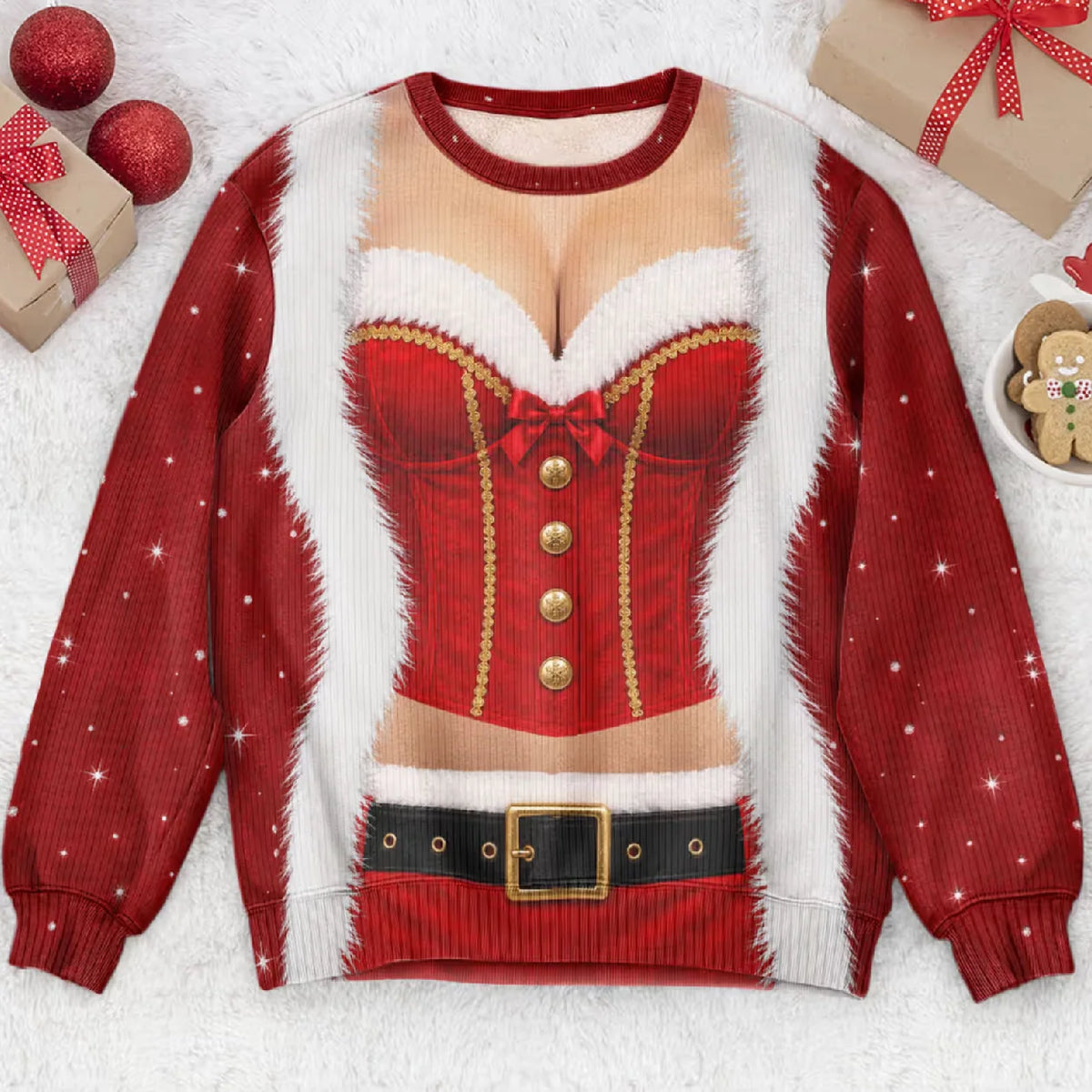 Funny Santa Outfit Illusion Christmas Ugly Sweater, Novelty Gag Holiday Gift for Women