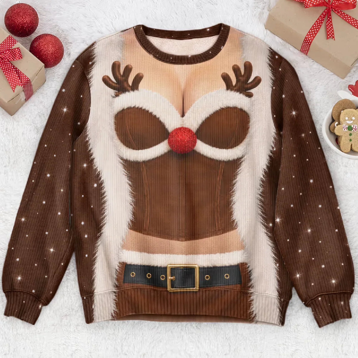 Funny Santa Outfit Illusion Christmas Ugly Sweater, Novelty Gag Holiday Gift for Women