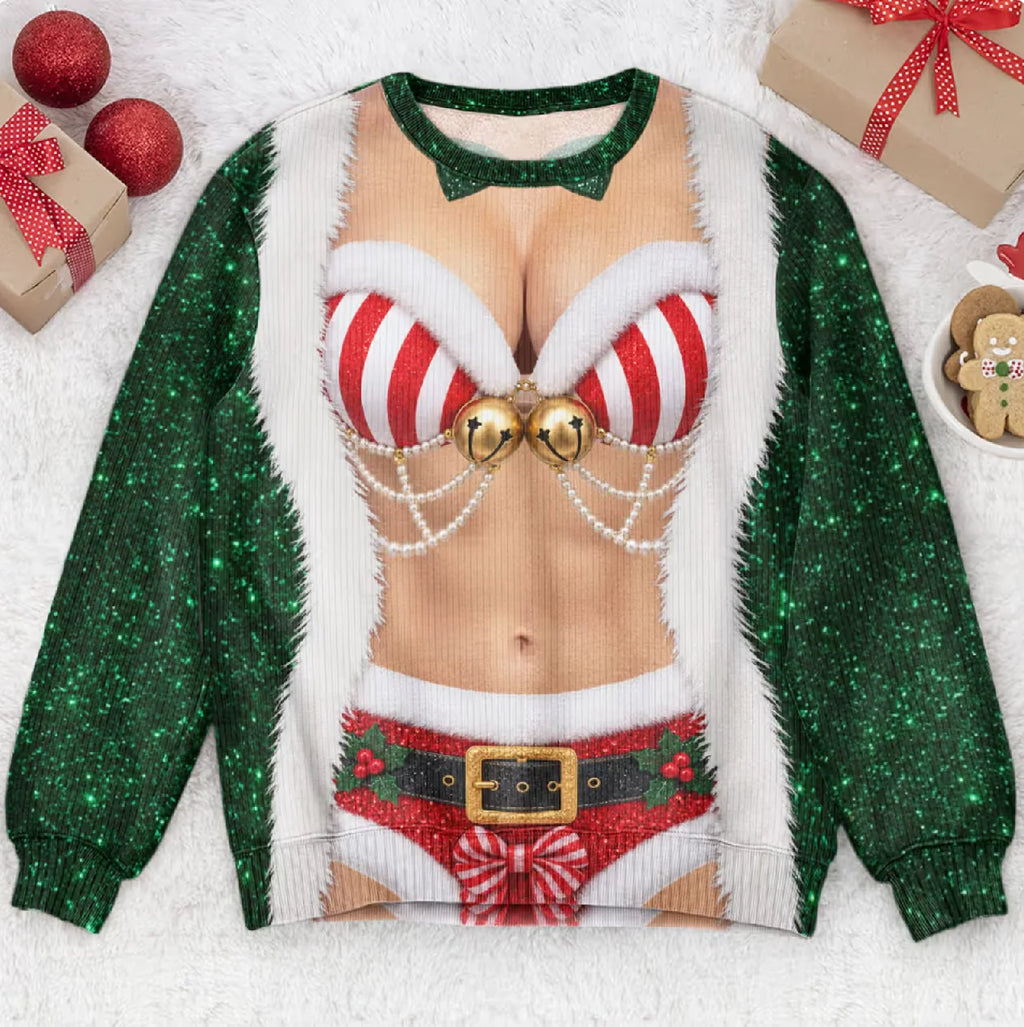 Funny Santa Outfit Illusion Christmas Ugly Sweater, Novelty Gag Holiday Gift for Women