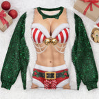 Funny Santa Outfit Illusion Christmas Ugly Sweater, Novelty Gag Holiday Gift for Women