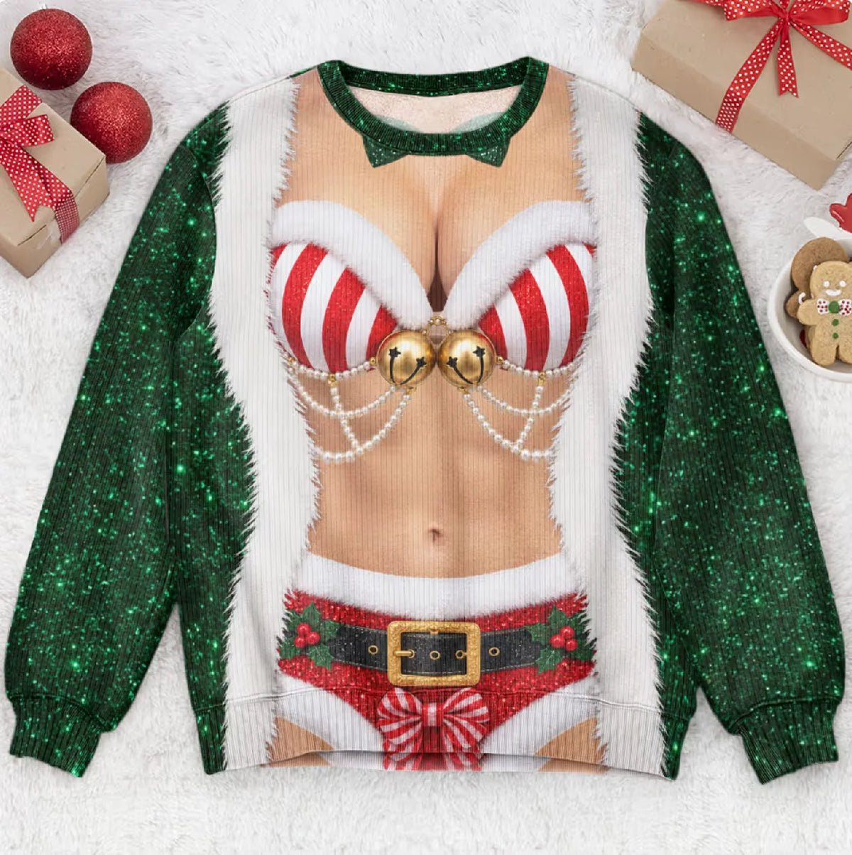 Funny Santa Outfit Illusion Christmas Ugly Sweater, Novelty Gag Holiday Gift for Women