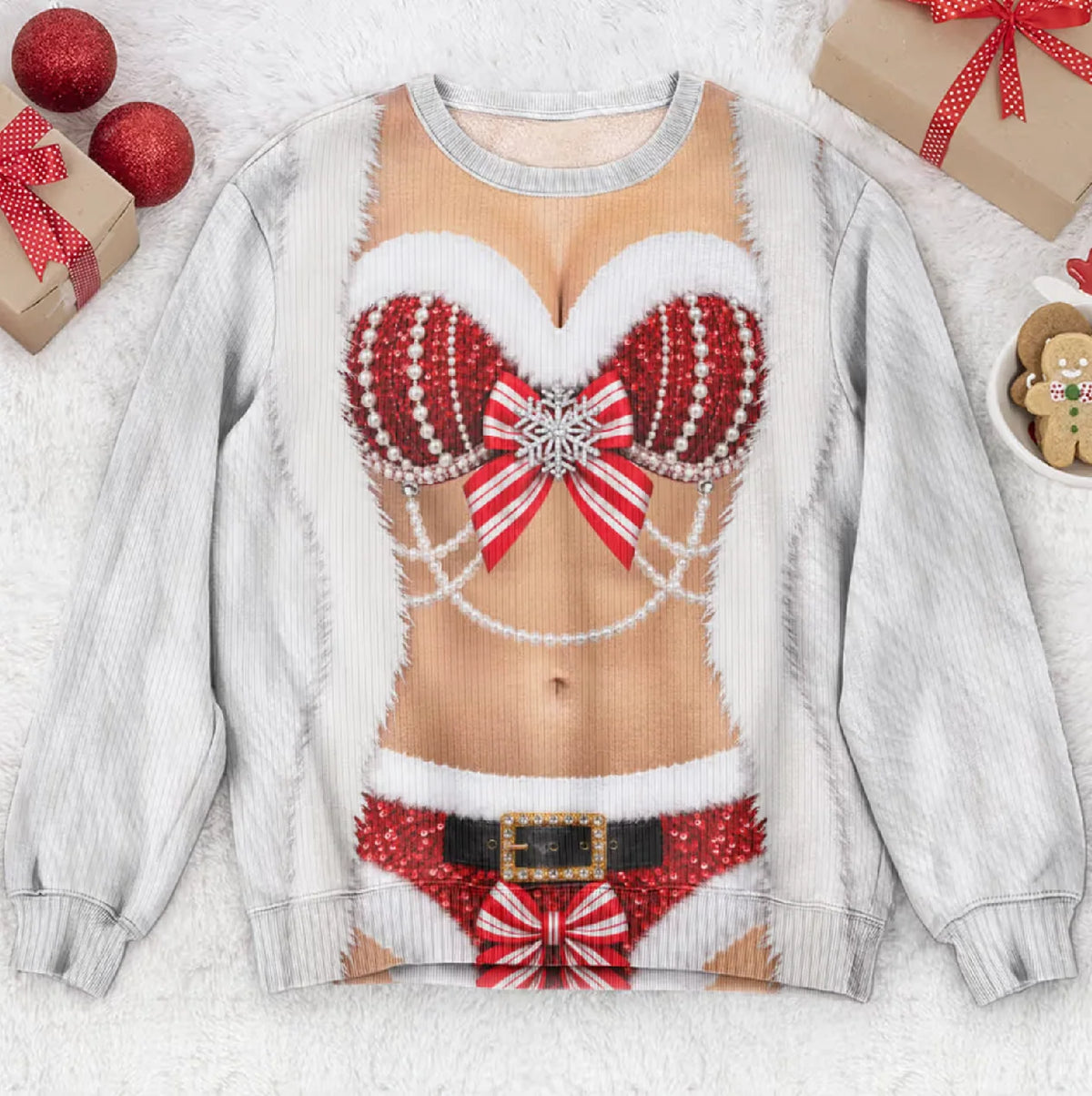 Funny Santa Outfit Illusion Christmas Ugly Sweater, Novelty Gag Holiday Gift for Women
