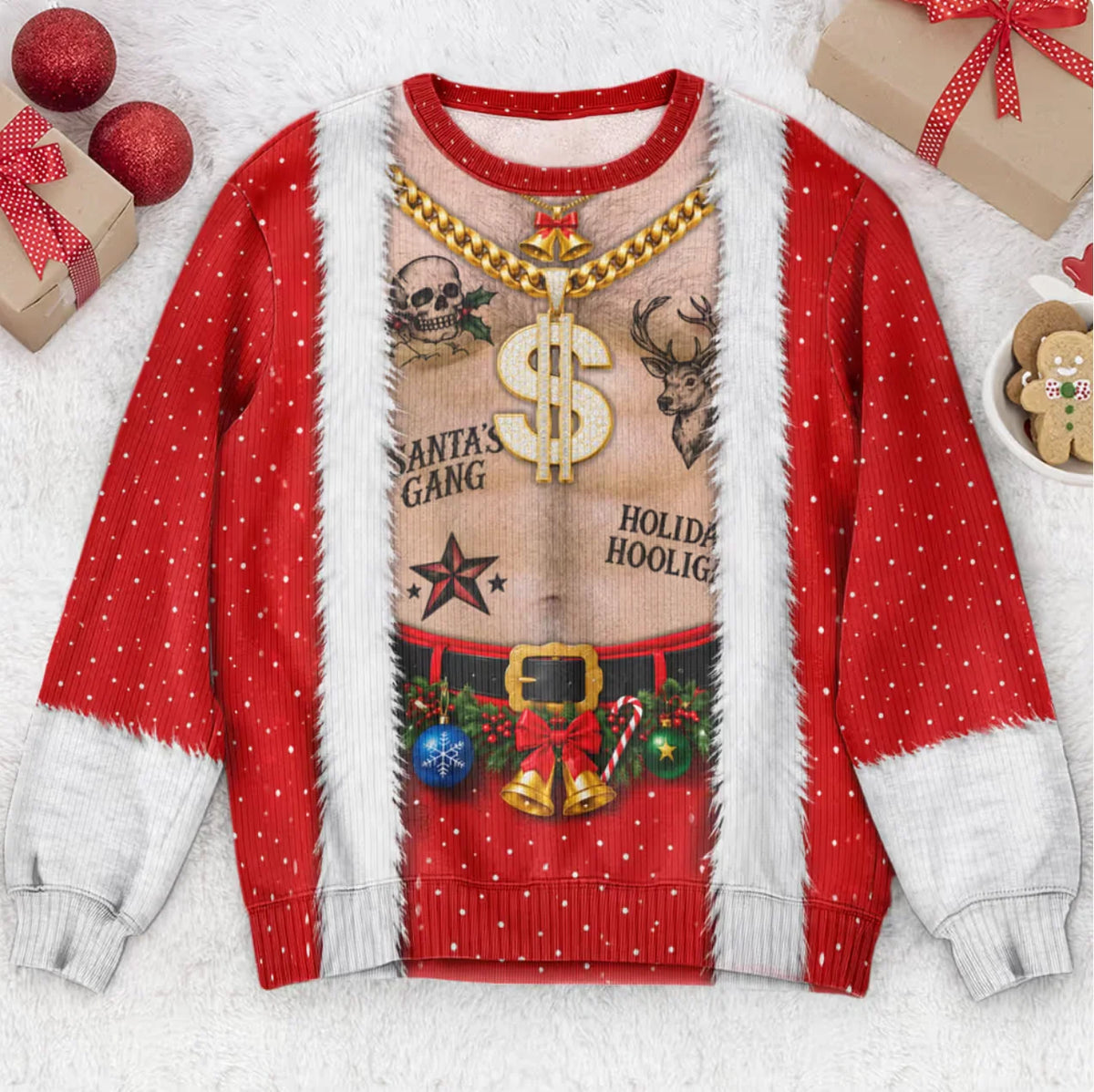 Funny Tattoo Santa Optical Illusion Ugly Christmas Sweater, Hilarious Gag Gift for Men, 3D Realistic Hairy Santa Sweatshirt