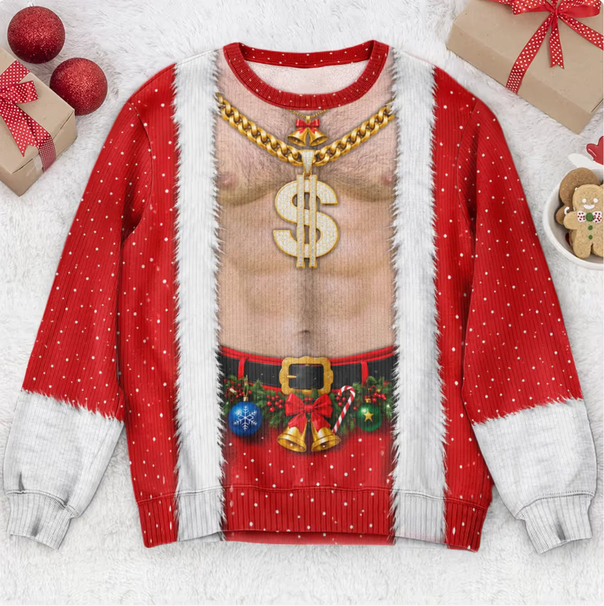 Funny Tattoo Santa Optical Illusion Ugly Christmas Sweater, Hilarious Gag Gift for Men, 3D Realistic Hairy Santa Sweatshirt