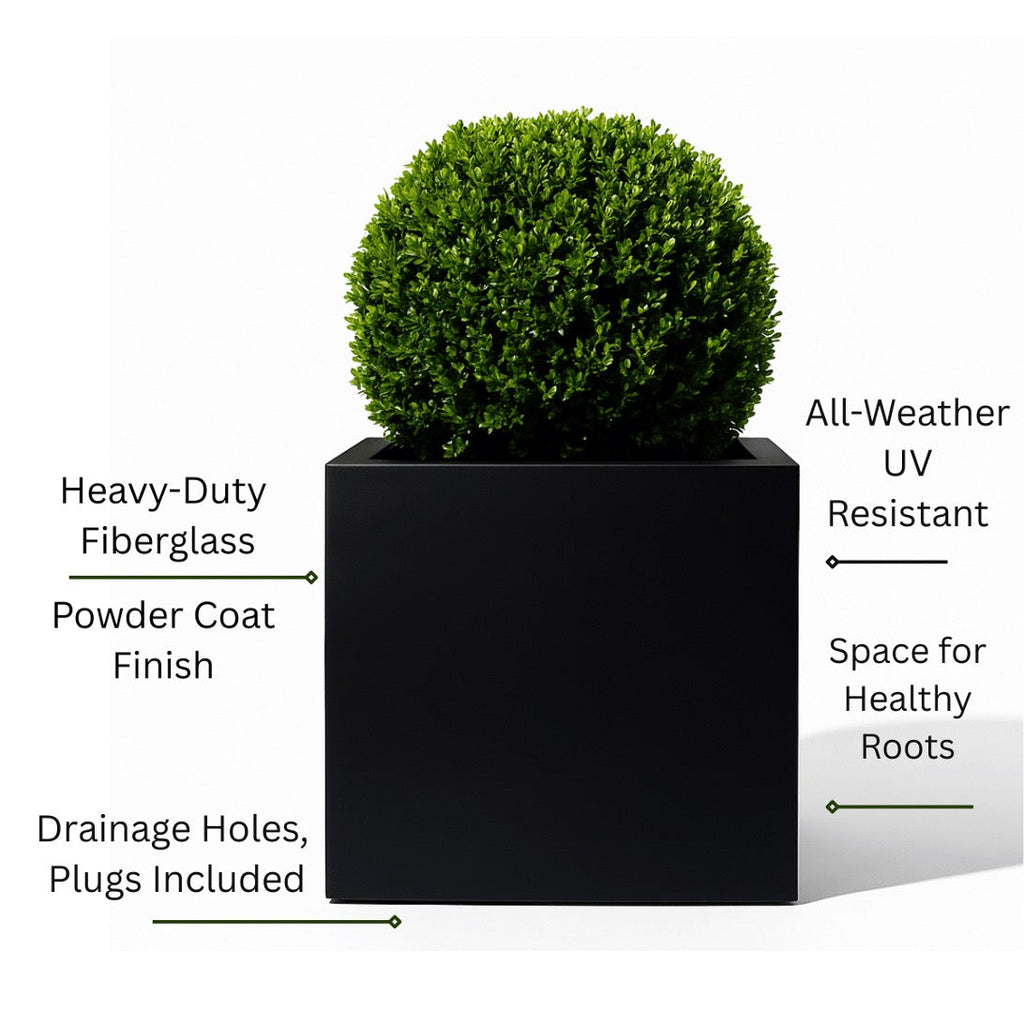 Seeley Cube 30" Extra Large Block Fiberglass Planter Box - Heavy Duty Steel Reinforced - Indoor / Outdoor Tree Planter w/ Drainage