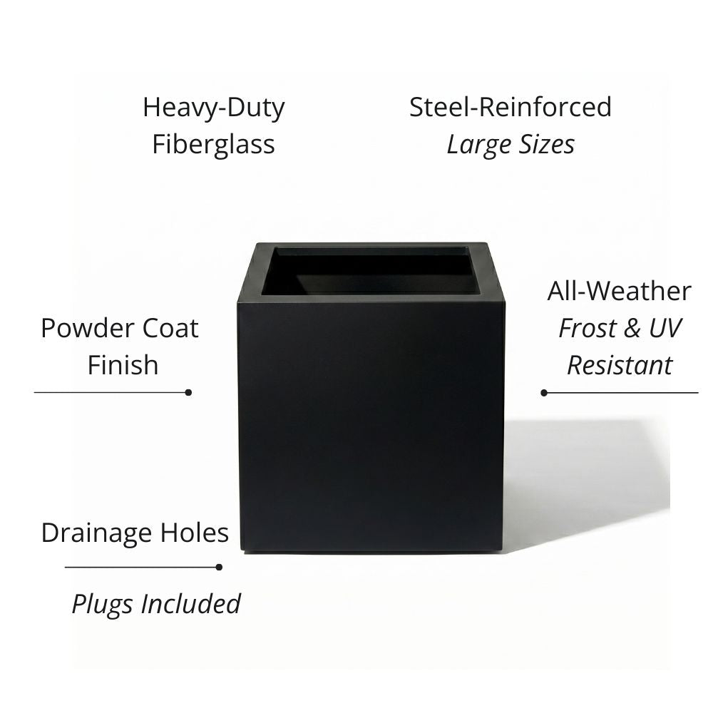 Seeley Cube Block Planter - Architectural Steel-Reinforced Fiberglass w/ Drainage, Indoor / Outdoor (14" / 20" / 24" / 30" Square)