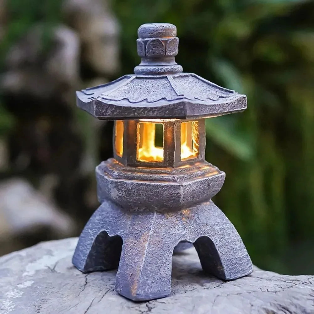 Solar Pagoda Lantern, Stone Resin Solar Garden Light for Outdoor Decor