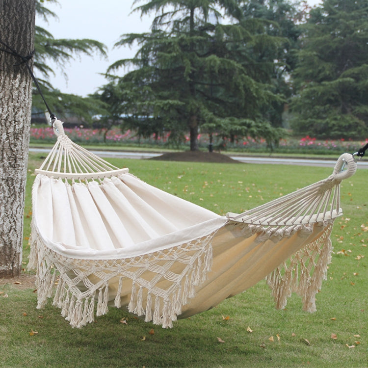 Zevolim | 200x150cm Double Outdoor Camping Fringe Canvas Hammock with Pole (White)