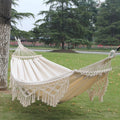 Zevolim | 200x150cm Double Outdoor Camping Fringe Canvas Hammock with Pole (White)