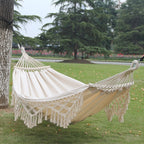 Zevolim | 200x150cm Double Outdoor Camping Fringe Canvas Hammock with Pole (White)
