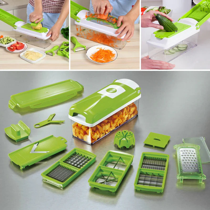 12-in-1 Multifunctional Vegetable Slicer with Interchangeable Blades and Catching Container