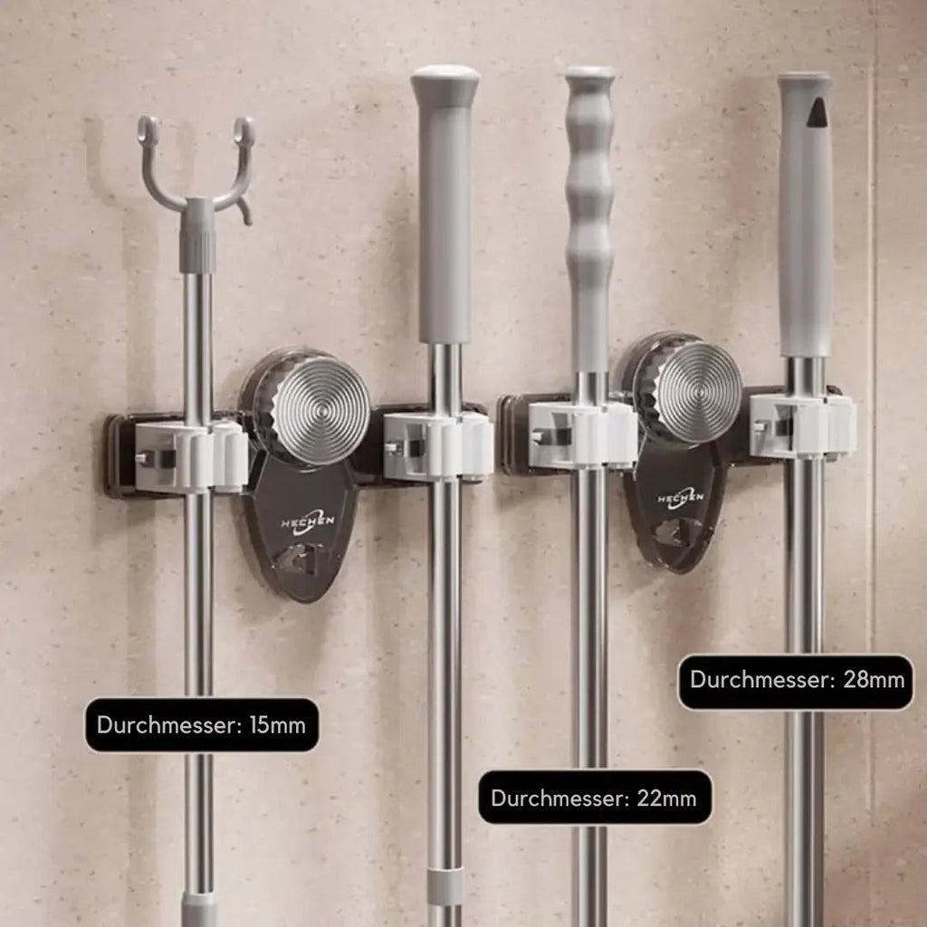 Space-saving holder for brooms & tools – Quickly mounted, no drilling