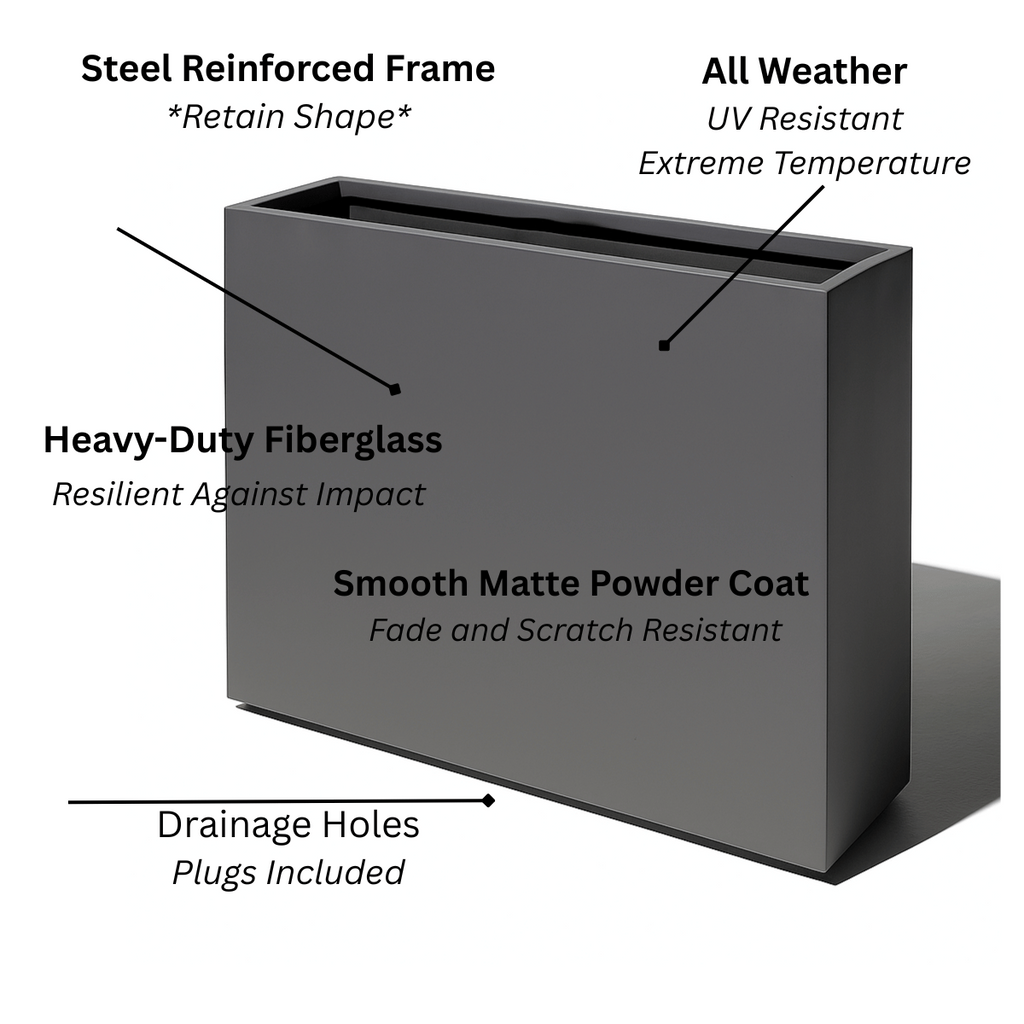 Aster Tall Span Planter - Heavy Duty Fiberglass w/ Steel - Plant Shelf - Indoor / Outdoor Divider  (38" L x 11" W x 29" H)
